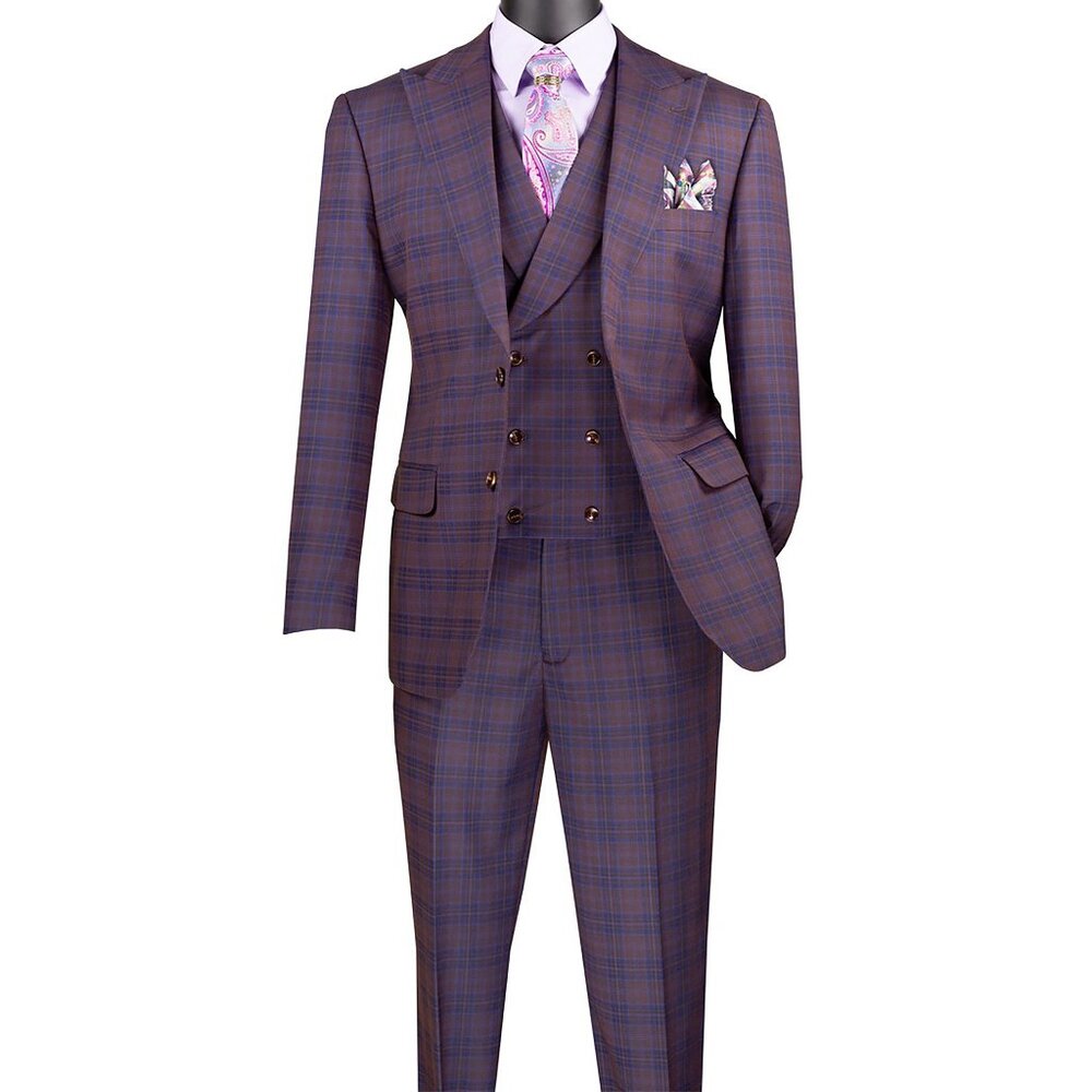 Luxurious Men's Modern-Fit, 3-Piece Windowpane Suit with Stretch Fabric-Purple